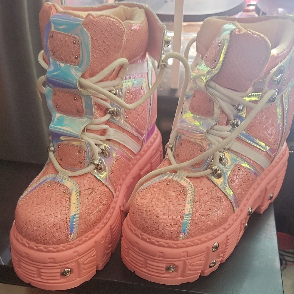 Pink and Iridescent Platform Boots